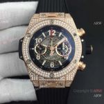 Iced Out Hublot Big Bang Unico Replica Watch 7750 Movement Rose Gold Skeleton Dial